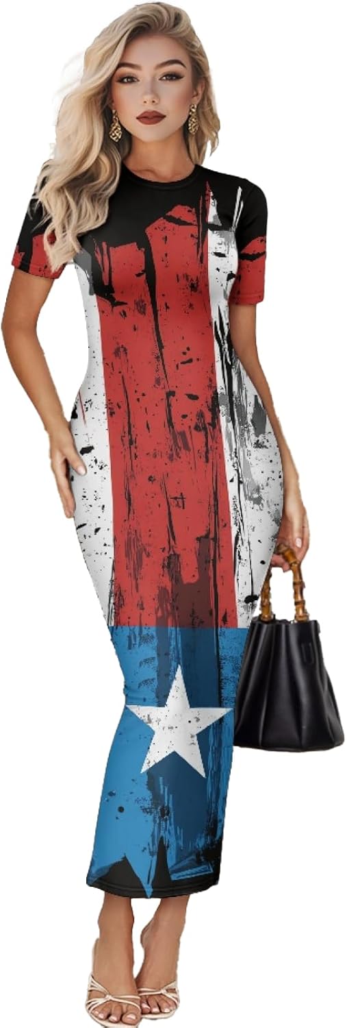 Women's Jamaican Flag Bodycon Midi Dress Short Sleeve Puerto Rico Pr Flag Print