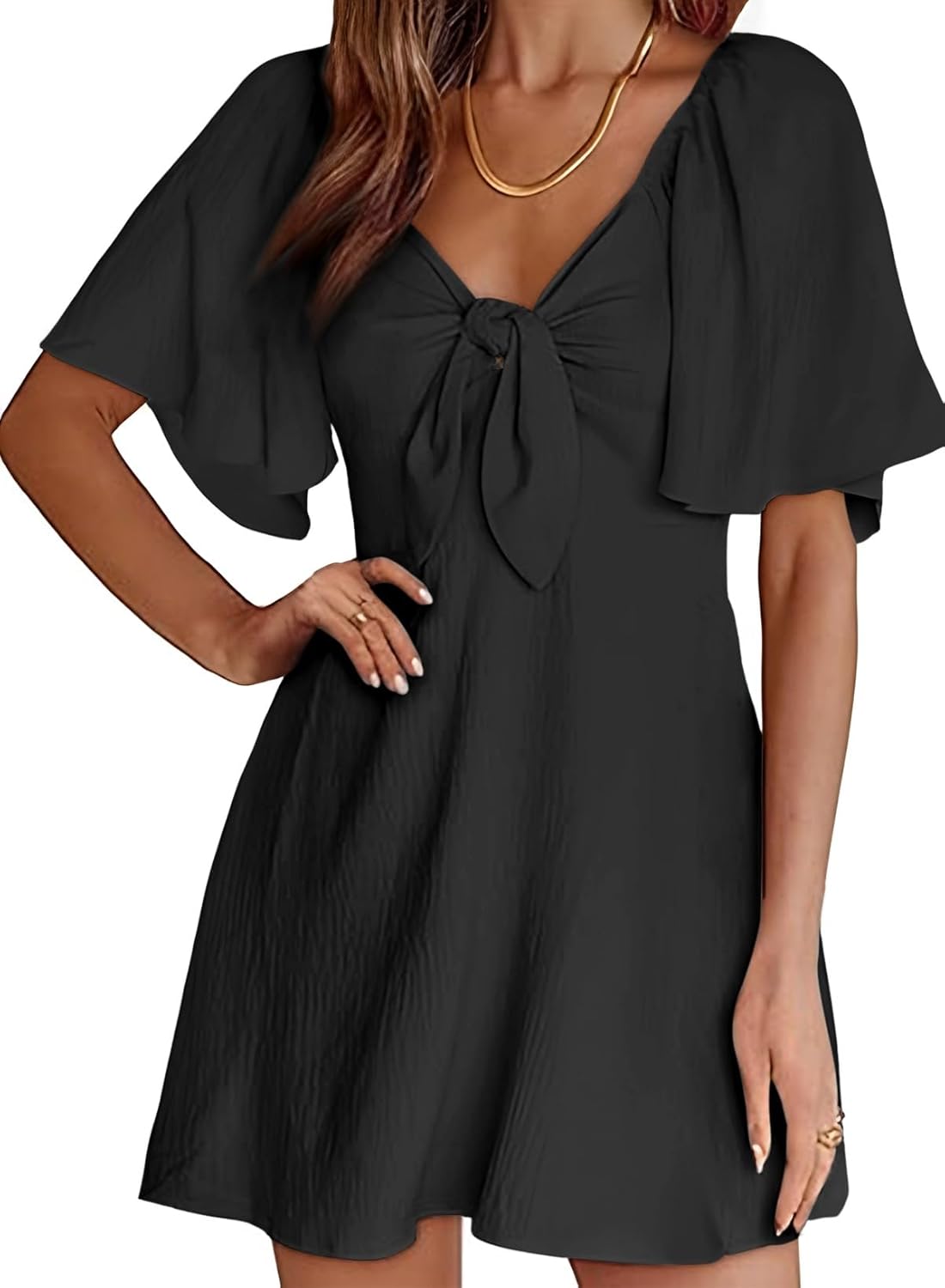 Women's Deep V-Neck Mini Dress with Bow Tie - Elegant Summer Fall Outfit