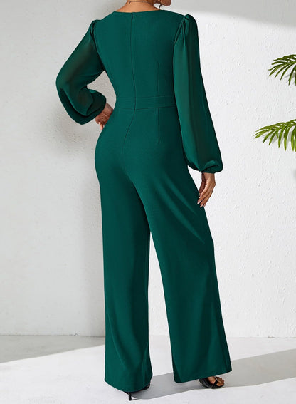 Pink Queen Jumpsuits for Women Dressy Patchwork Chiffon Sleeve V Neck Wide Leg Romper Holiday Party Outfits