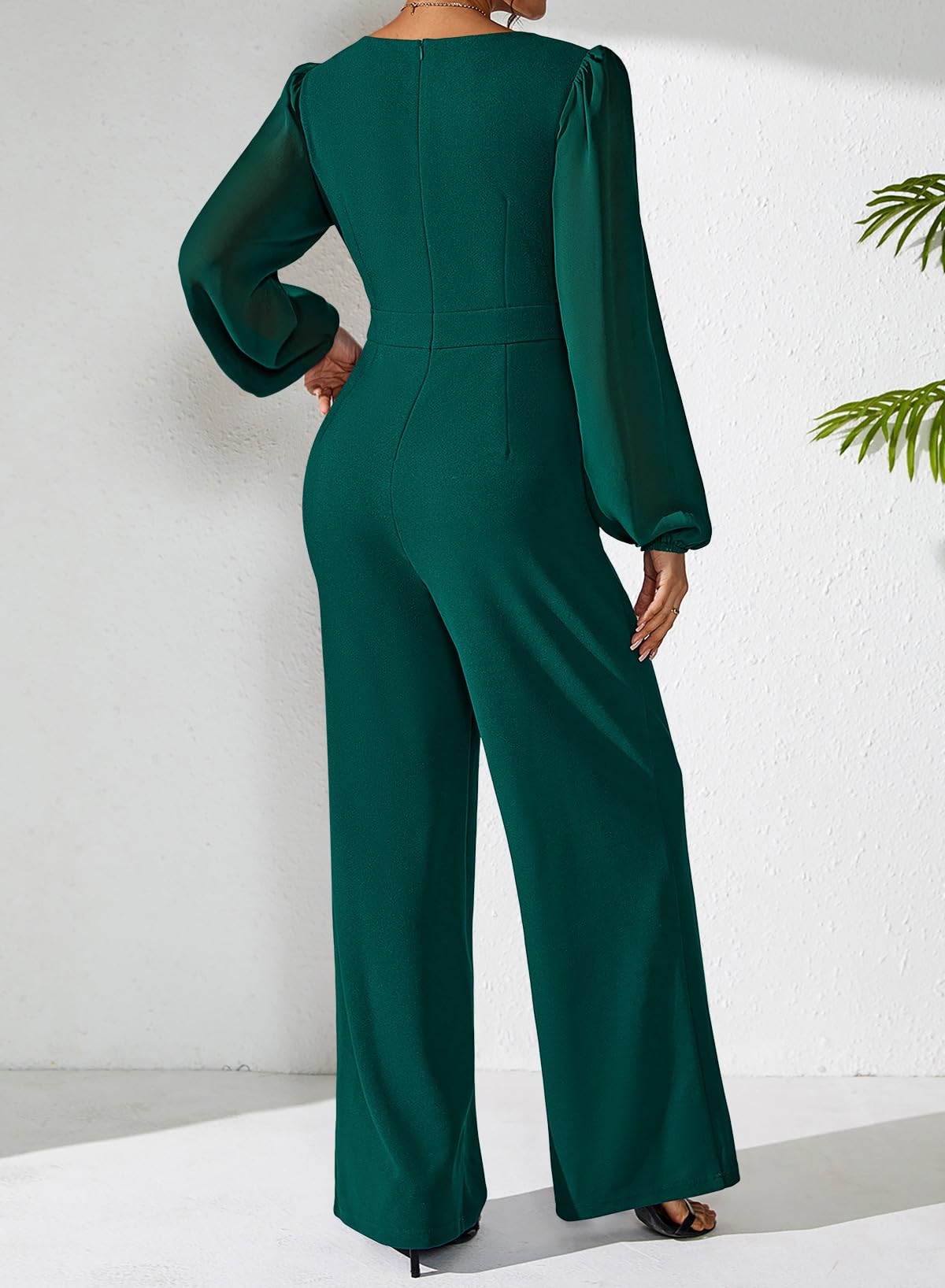 Pink Queen Jumpsuits for Women Dressy Patchwork Chiffon Sleeve V Neck Wide Leg Romper Holiday Party Outfits