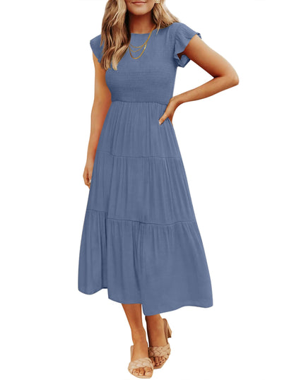 Blue Casual Dresses - Women's Summer Tiered Midi Dress - Flutter Sleeve Smocked Waist Dusty Blue