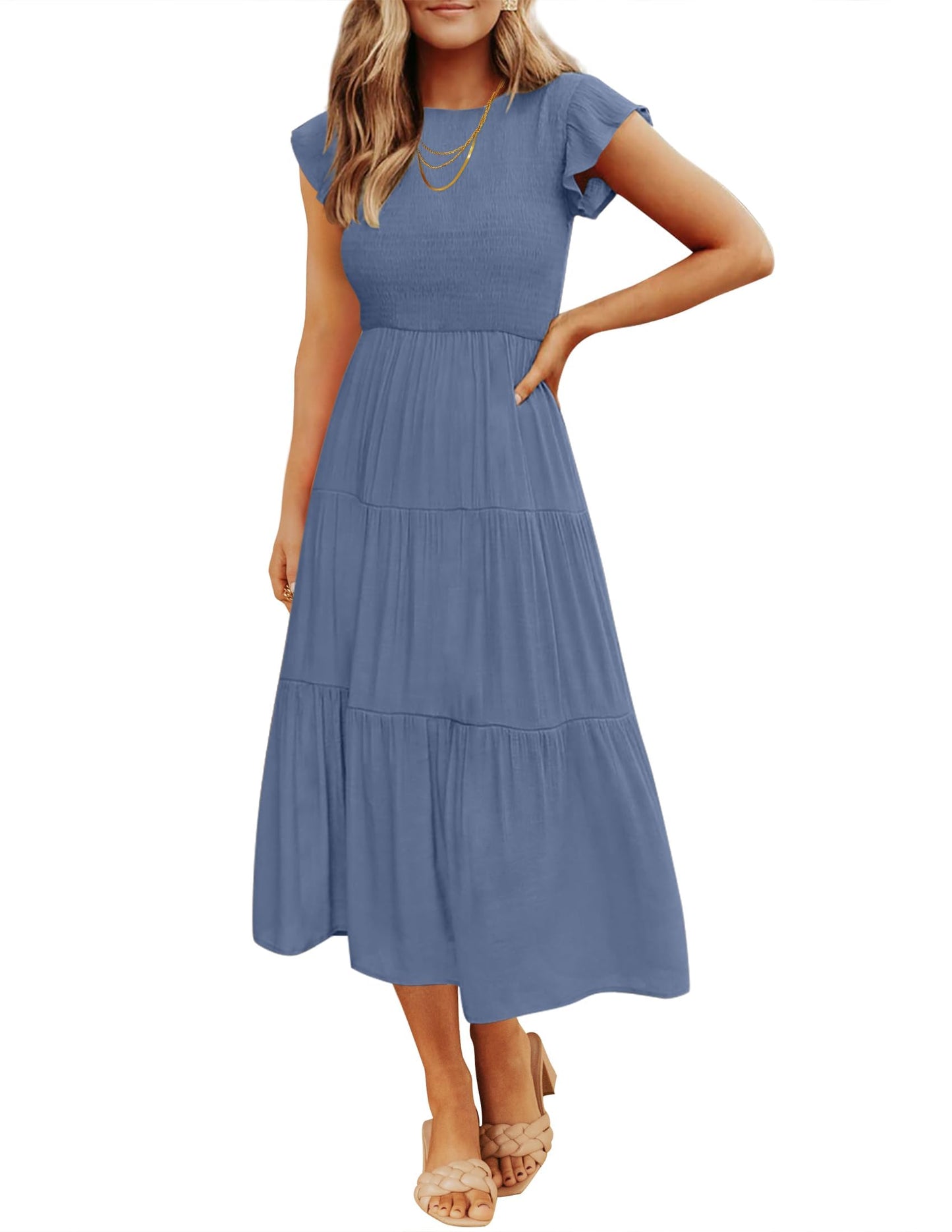Blue Casual Dresses - Women's Summer Tiered Midi Dress - Flutter Sleeve Smocked Waist Dusty Blue