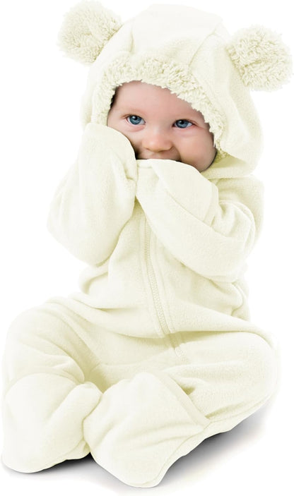 Fleece Baby Bunting with Hood - Convertible Mittens & Booties for Newborn & Infant Bear - White