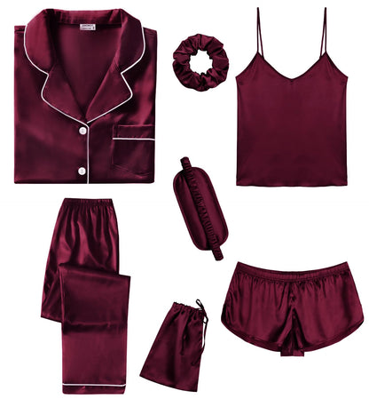 SWOMOG Womens Silk Satin Pajamas Sets 7pcs Sleepwear Sexy Cami Shorts Set and Button Down Short Sleeve Satin Pjs