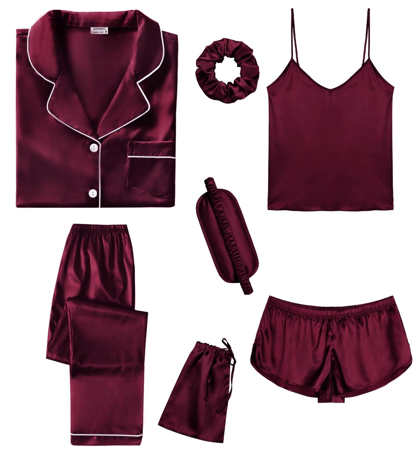 SWOMOG Womens Silk Satin Pajamas Sets 7pcs Sleepwear Sexy Cami Shorts Set and Button Down Short Sleeve Satin Pjs