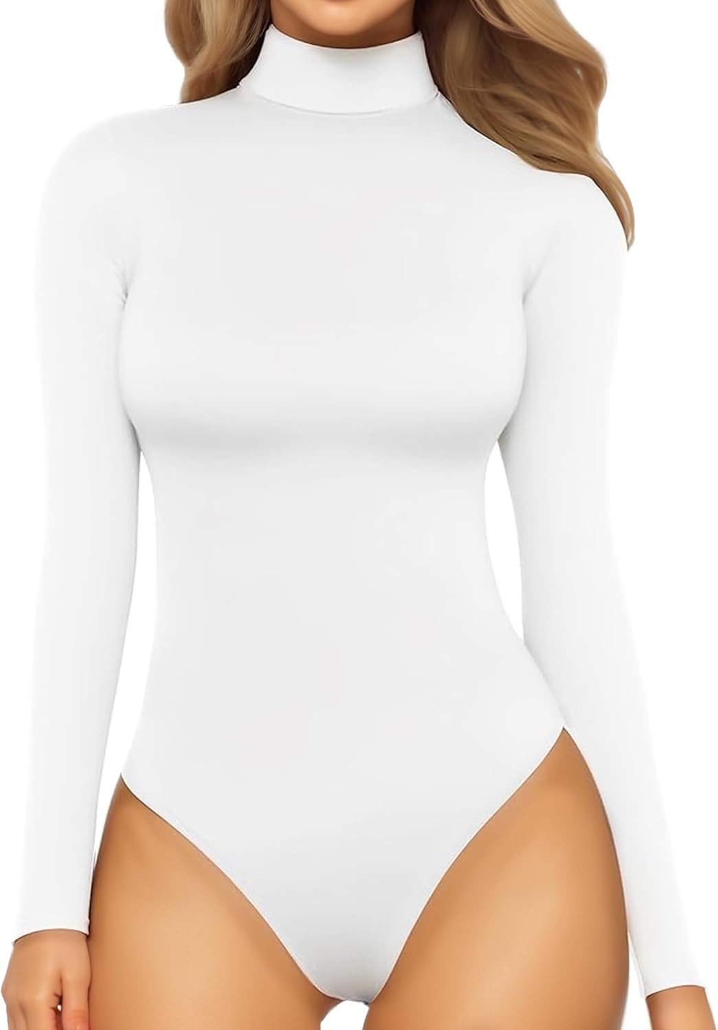 Mock Turtleneck Bodysuit - Long Sleeve Fitted Top with Snap Closure
