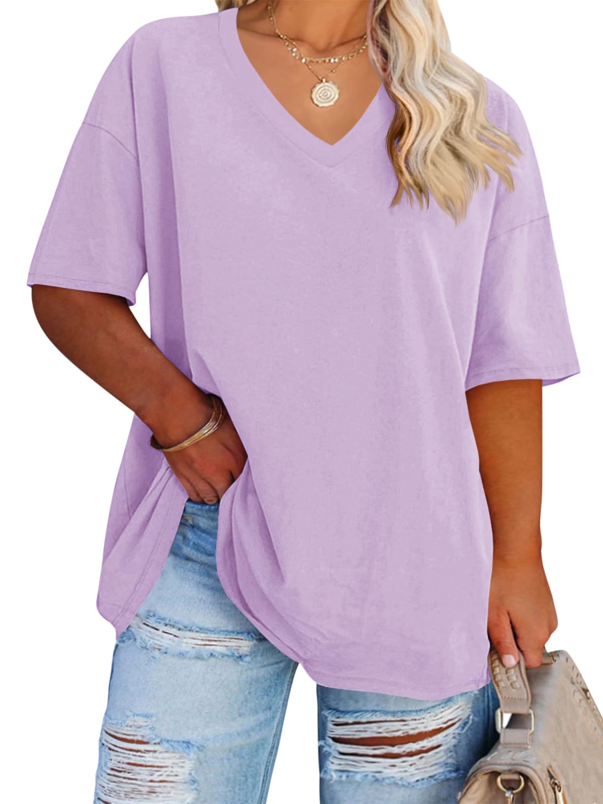 Cato Fashions Online - Women's Plus Size V-Neck Cotton T-Shirts - Summer Half Sleeve Casual Loose Fit Tunic Tops Lavender
