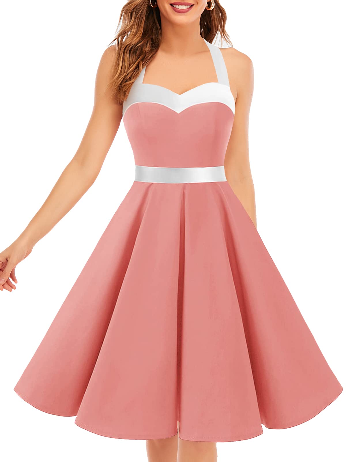 Vintage 1950s Cocktail Dress - Retro Halter Swing Dress for Party & Wedding Blush White