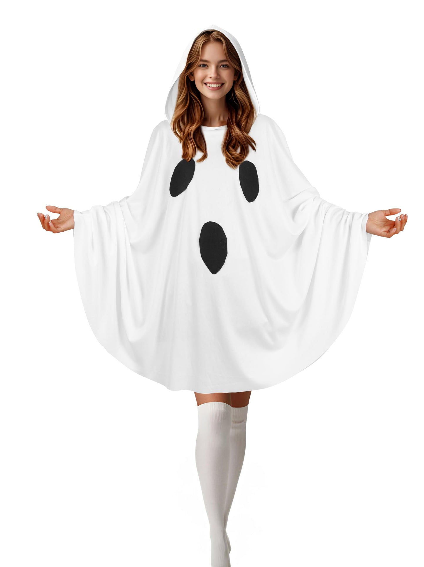 Ghost Poncho Costume for Women - Halloween Hooded Cape Outfit White