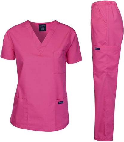 Medical Scrubs Set Unisex - V-Neck Top and Elastic Waist Pants Uniform for Healthcare Workers Hot Pink
