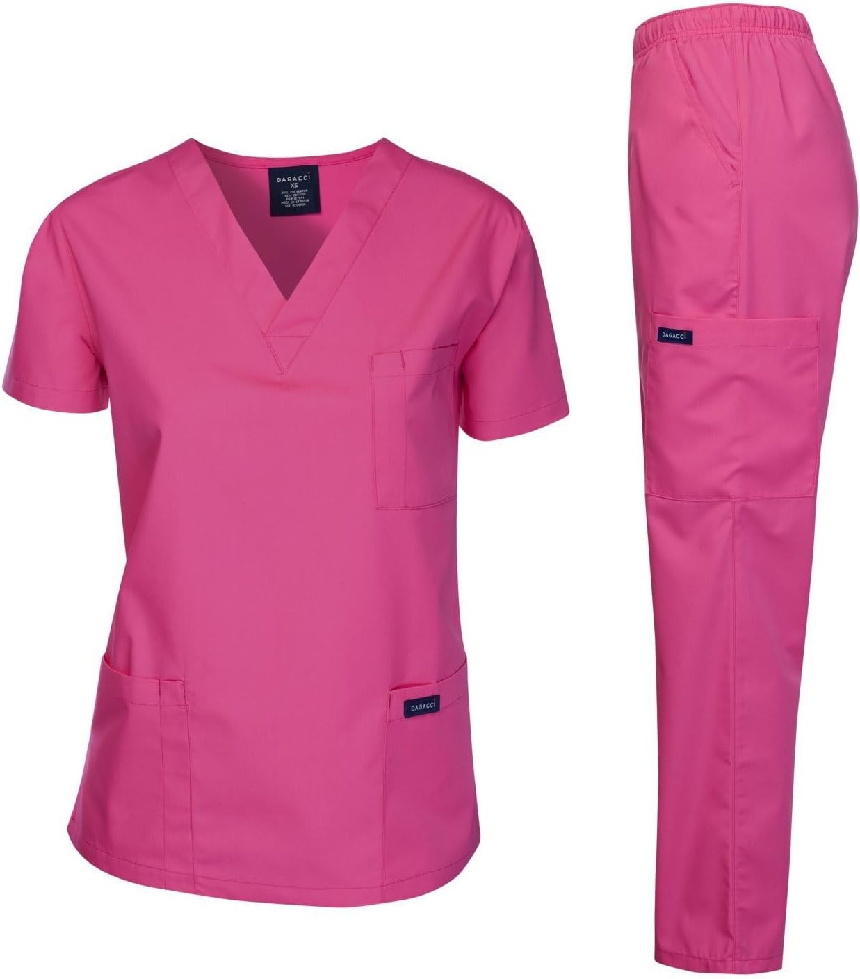 Medical Scrubs Set Unisex - V-Neck Top and Elastic Waist Pants Uniform for Healthcare Workers Hot Pink
