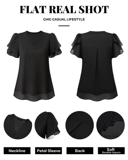 Polyester Blouses - Women's Chiffon Blouse V-Neck Puff Sleeve Summer Top for Work and Casual Wear