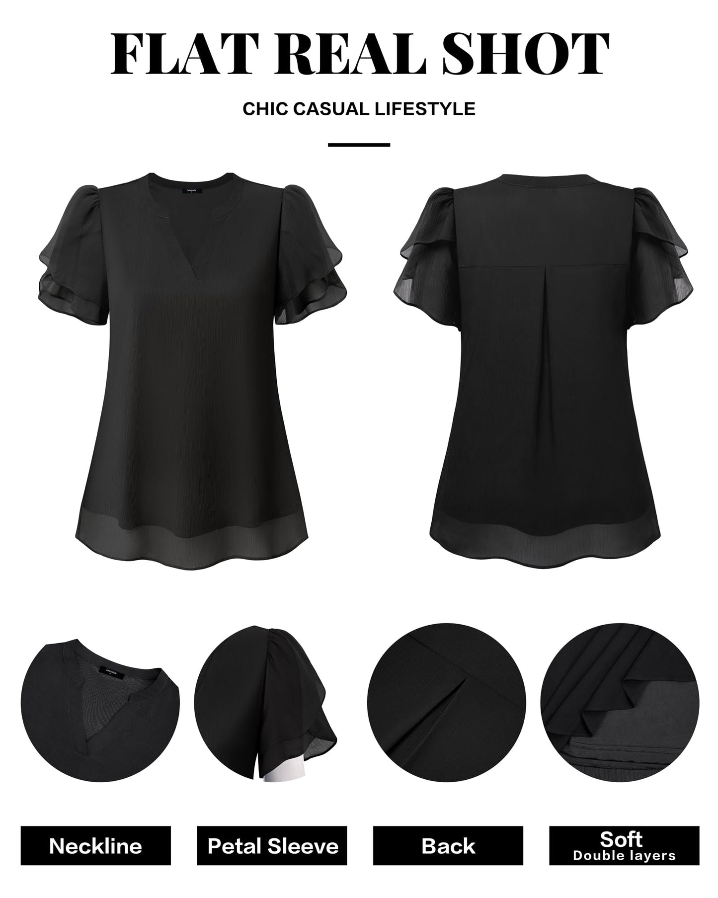 Polyester Blouses - Women's Chiffon Blouse V-Neck Puff Sleeve Summer Top for Work and Casual Wear