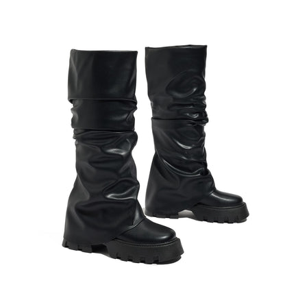 Tasteall Fold Over Boots for Women, Wide Calf Slouchy Boots, Chunky Platform Boots with Mid Calf, Black Size 7