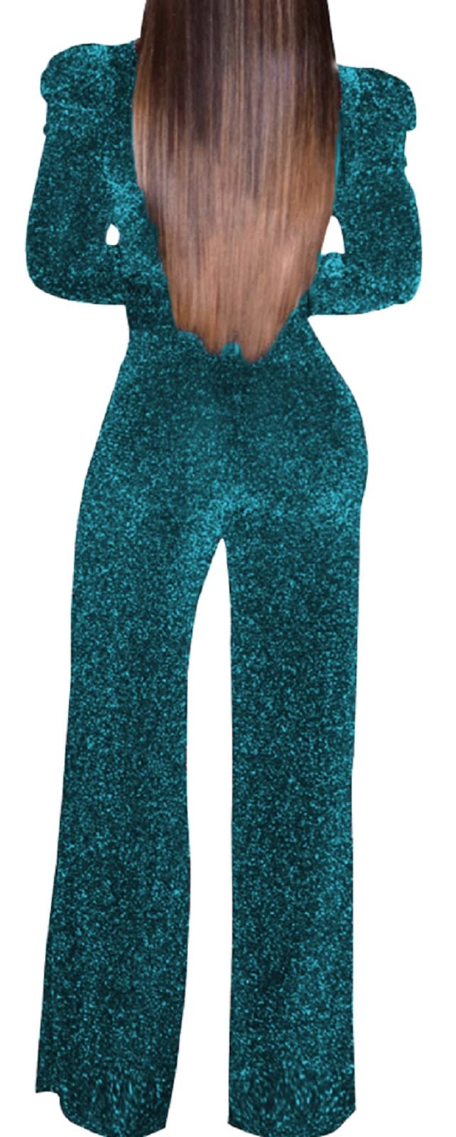 Women's Sparkly Jumpsuits Sexy Long Sleeve Cocktail Elegant Mock Neck Bodycon Straight Long Pants Rompers with Pockets