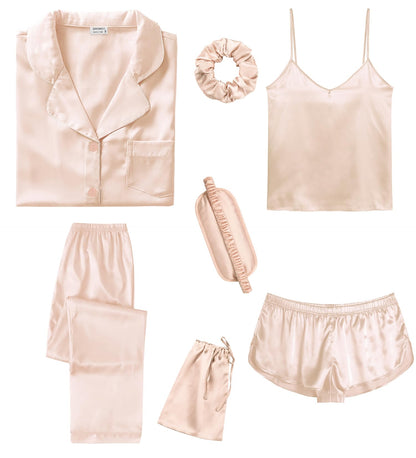 SWOMOG Womens Silk Satin Pajamas Sets 7pcs Sleepwear Sexy Cami Shorts Set and Button Down Short Sleeve Satin Pjs