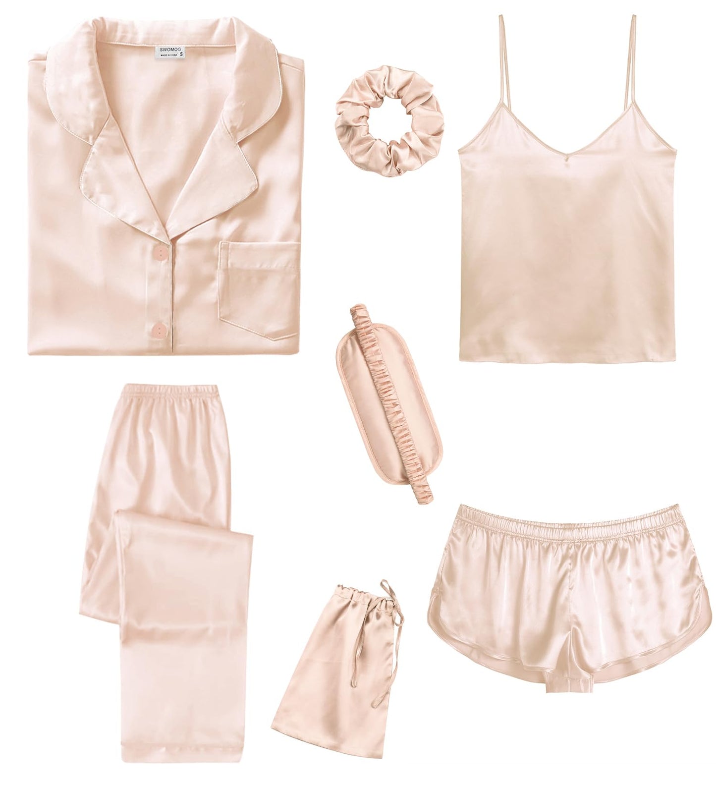SWOMOG Womens Silk Satin Pajamas Sets 7pcs Sleepwear Sexy Cami Shorts Set and Button Down Short Sleeve Satin Pjs