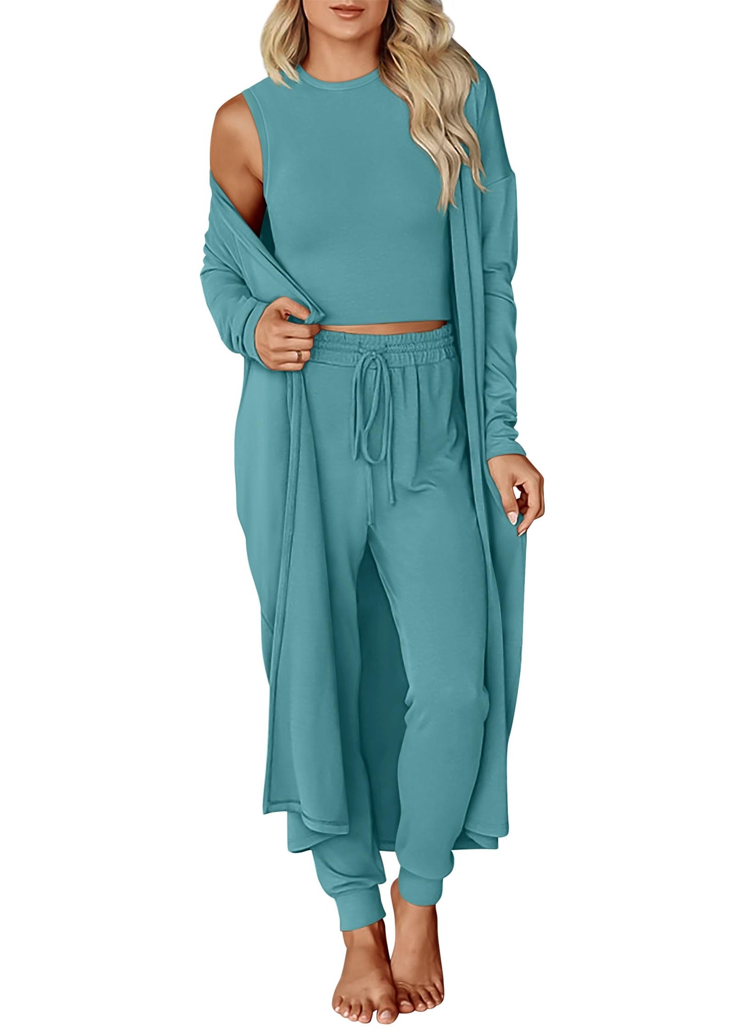 KIRUNDO 3 Piece Lounge Sets for Women Airport Travel Vacation Outfits 2025 Fall Cardigan Matching Sleeveless Top Jogger Pants