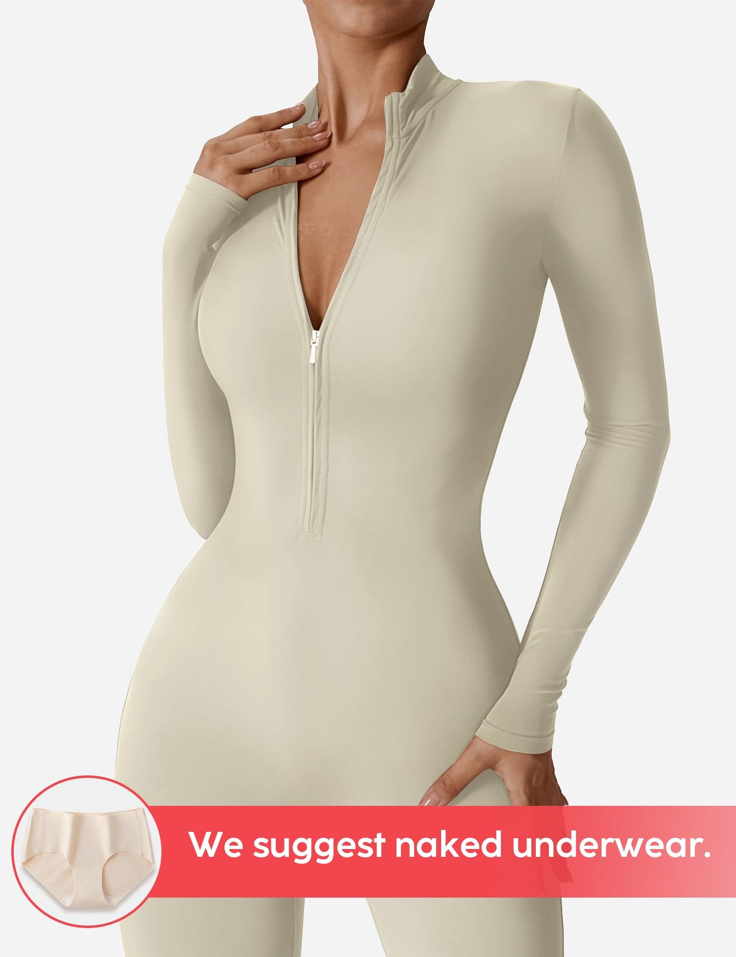 Women's Long Sleeve Workout Jumpsuit - Zip Up Bodycon Romper One Piece