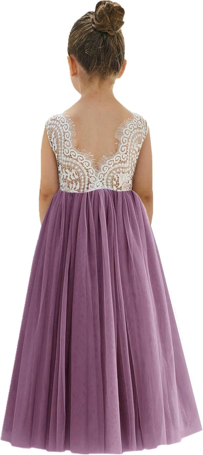 Girls Tulle Flower Girl Dress - Lace Back A-Line Party Dress
