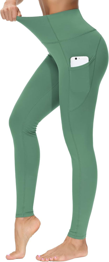 Women's High Waisted Yoga Leggings with Pockets - Thick Tummy Control Workout Pants Light Green