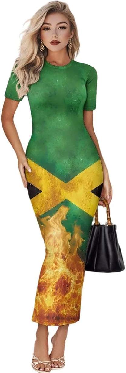 Women's Jamaican Flag Bodycon Midi Dress Short Sleeve Jamaica-green
