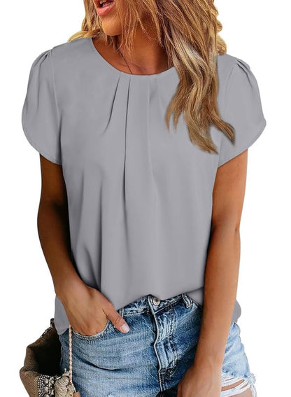 Polyester Blouses - Women's Chiffon Blouse Short Sleeve Pleated Top with Keyhole Back Detail Light Grey