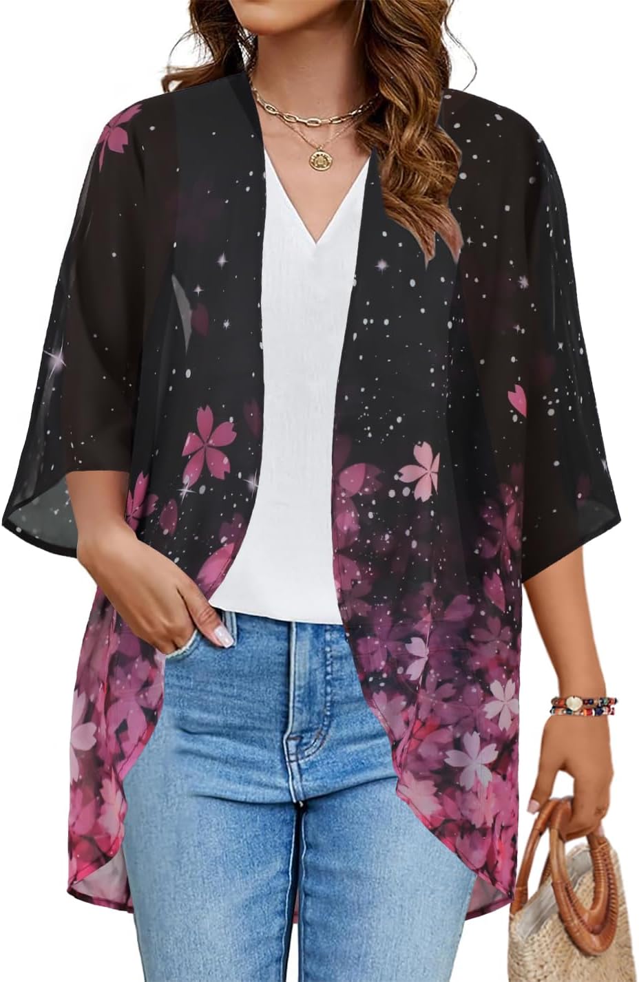 Floral Print Kimono Cardigan Women Puff Sleeve Cover Up Casual Blouse Loose Top Black Pink Purple Floral