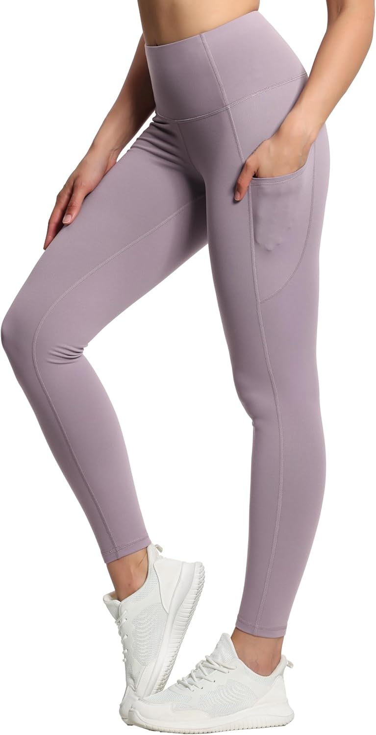 Women's High Waisted Yoga Leggings with Pockets - Thick Tummy Control Workout Pants Grey Purple