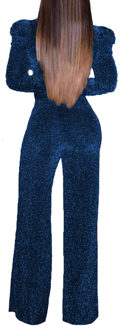 Women's Sparkly Jumpsuits Sexy Long Sleeve Cocktail Elegant Mock Neck Bodycon Straight Long Pants Rompers with Pockets
