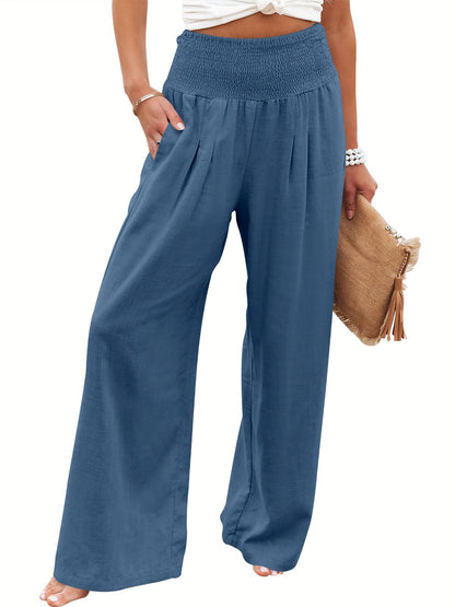 Linen Palazzo Pants Women Wide Leg High Waist Summer Boho Casual Lounge Pants Deep Blue