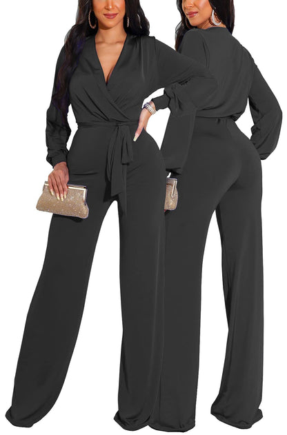 shengfan Formal Jumpsuits for Women Dressy Evening Sexy Deep V Neck Plus Size Long Wide Leg Pants Rompers Clubwear