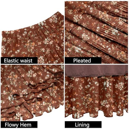 NiPaMi Women's Chiffon White Flowy Maxi Skirt Boho Fall Elastic Waisted Pleated A Line Long Skirts for Women 2025(Brown flowers-69,M)