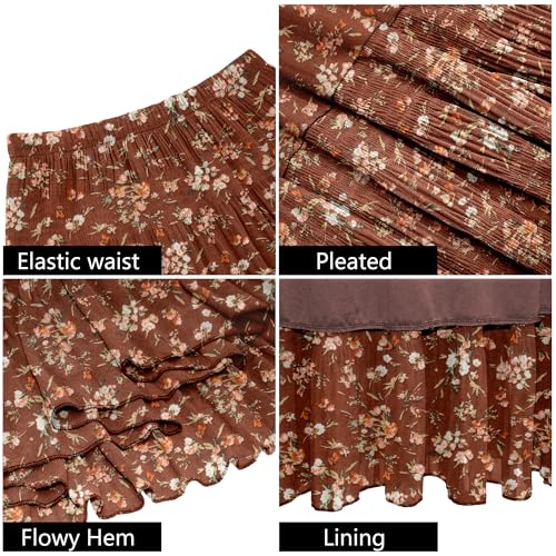 NiPaMi Women's Chiffon White Flowy Maxi Skirt Boho Fall Elastic Waisted Pleated A Line Long Skirts for Women 2025(Brown flowers-69,M)