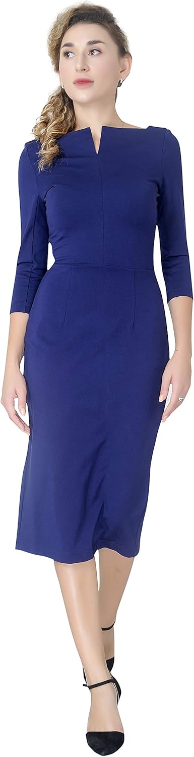 Work Office Business Dress - Square Neck Sheath Midi Dress with Long Sleeves
