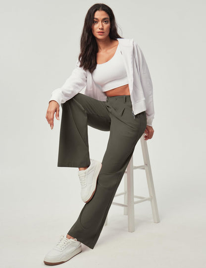 Women's Wide Leg Work Pants - Stretchy Pull-On Business Casual Trousers with Pockets