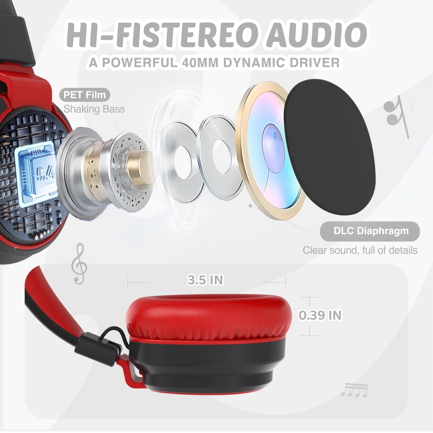 Kids Headphones Volume Limited 85/94dB - Wired Over-Ear Foldable Headset with Microphone Pink