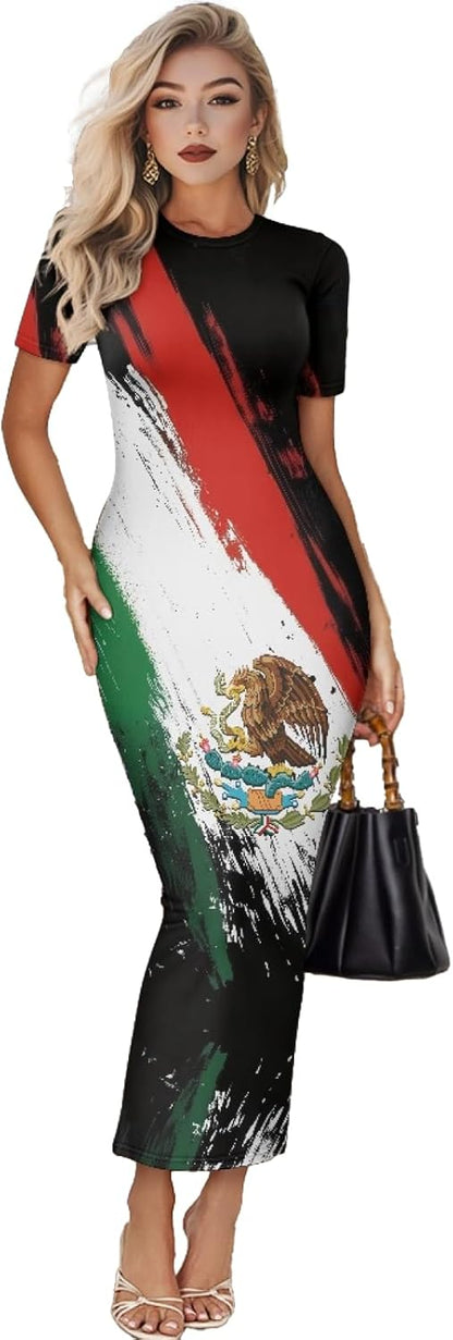 Women's Jamaican Flag Bodycon Midi Dress Short Sleeve Mexican Flag
