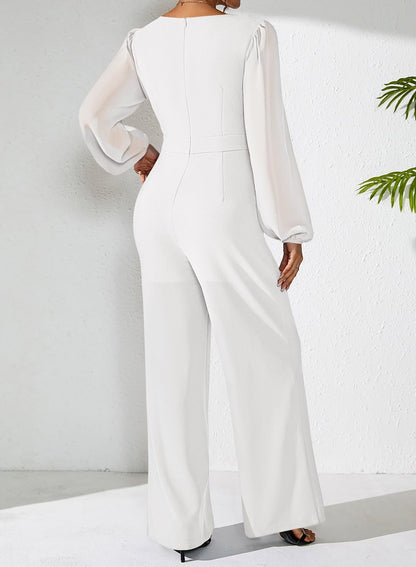 Pink Queen Jumpsuits for Women Dressy Patchwork Chiffon Sleeve V Neck Wide Leg Romper Holiday Party Outfits
