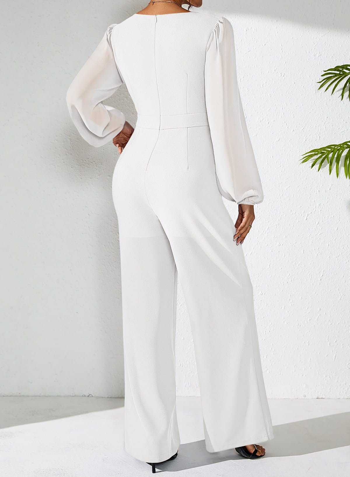 Pink Queen Jumpsuits for Women Dressy Patchwork Chiffon Sleeve V Neck Wide Leg Romper Holiday Party Outfits
