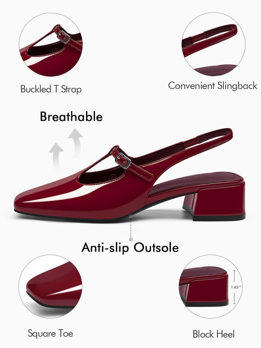Coutgo Womens Mary Jane Slingback Low Heels T Strap Chunky Heel Closed Toe Pumps Wedding Party Dress Shoes, Deep Red, Size 6.5