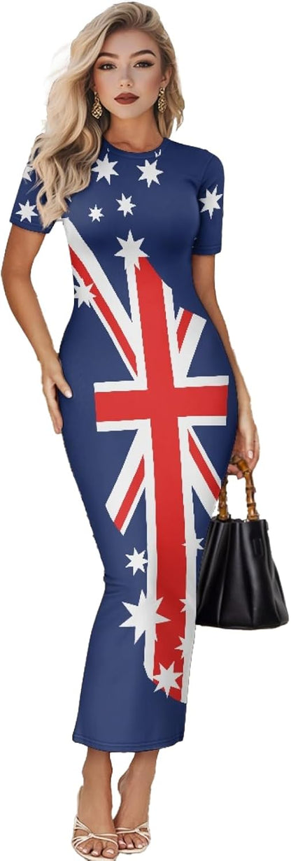 Women's Jamaican Flag Bodycon Midi Dress Short Sleeve Australian National Flag