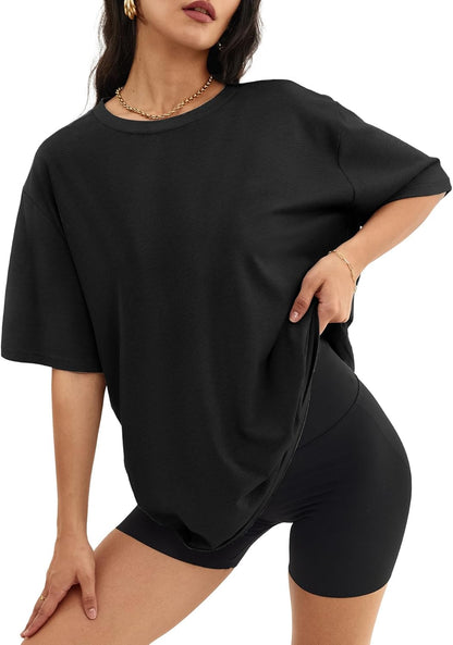 Women's Oversized T Shirts - Loose Fit Crewneck Short Sleeve Casual Tops Black