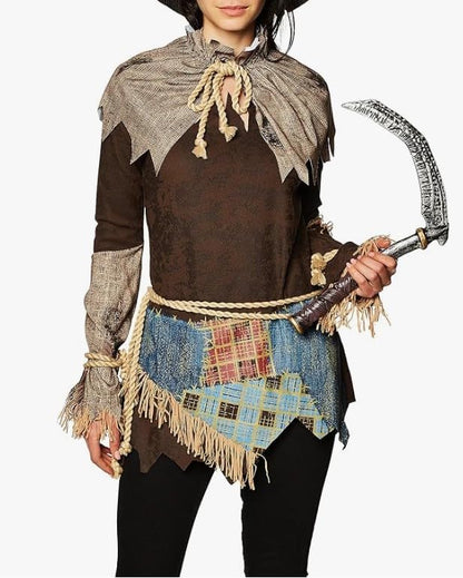 Women's Creepy Scarecrow Costume - Halloween Tunic with Rope Belt