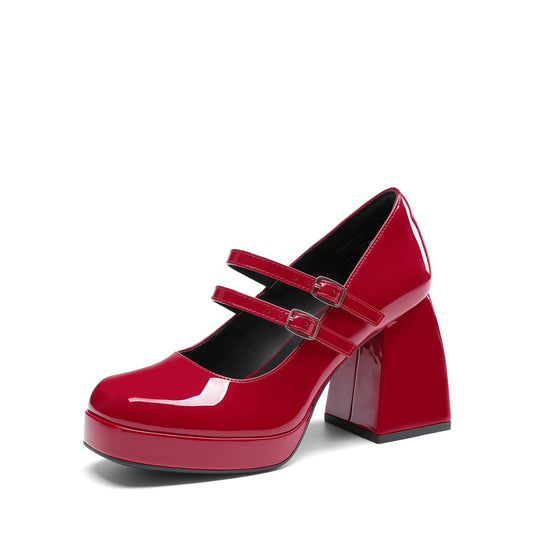 DREAM PAIRS Women's Platform Mary Jane High Chunky Closed Toe Heels Block Square Toe Double Strap Dress Pumps Fashion Party Y2K Shoes,Size 9,Red-Pat,DWUMPU2572