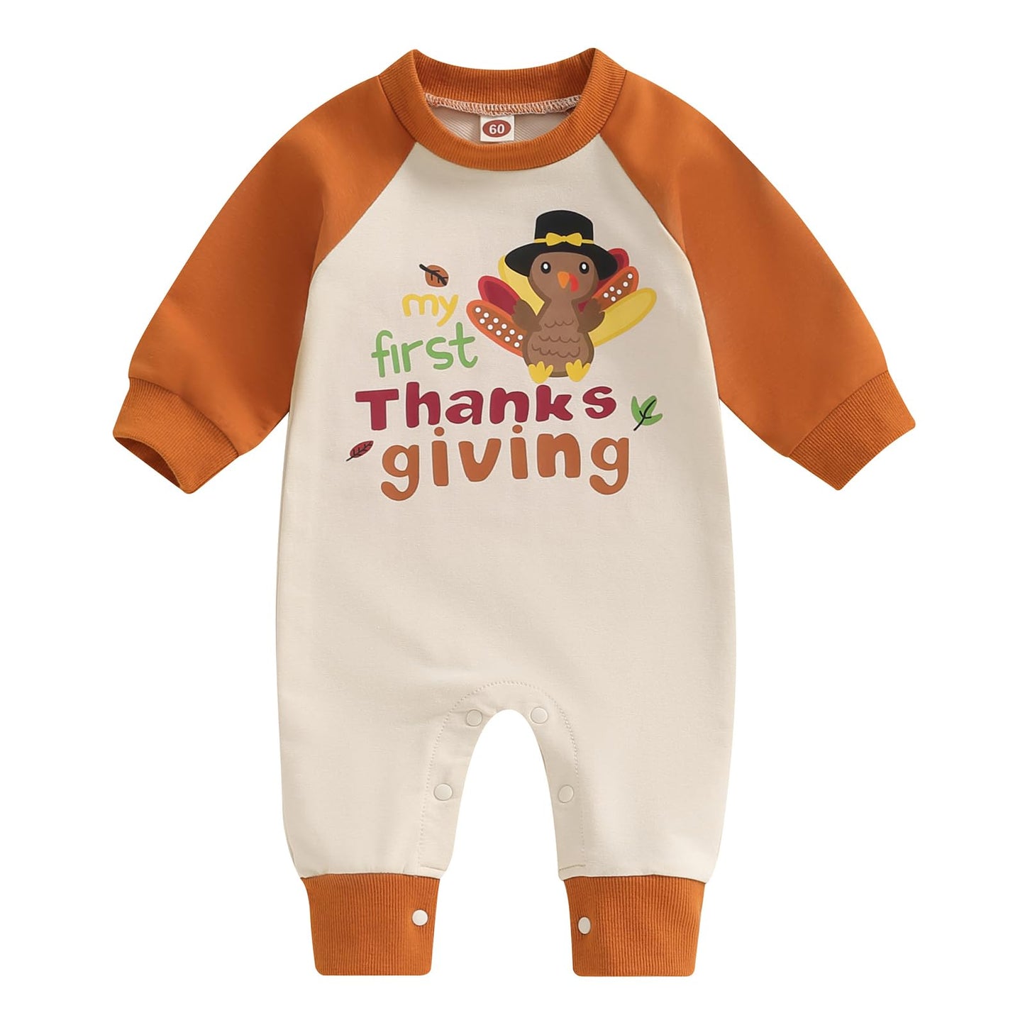 Baby Halloween Pumpkin Patch Romper - Long Sleeve Fall Winter Jumpsuit My First Thanksgiving Beige Thanksgiving