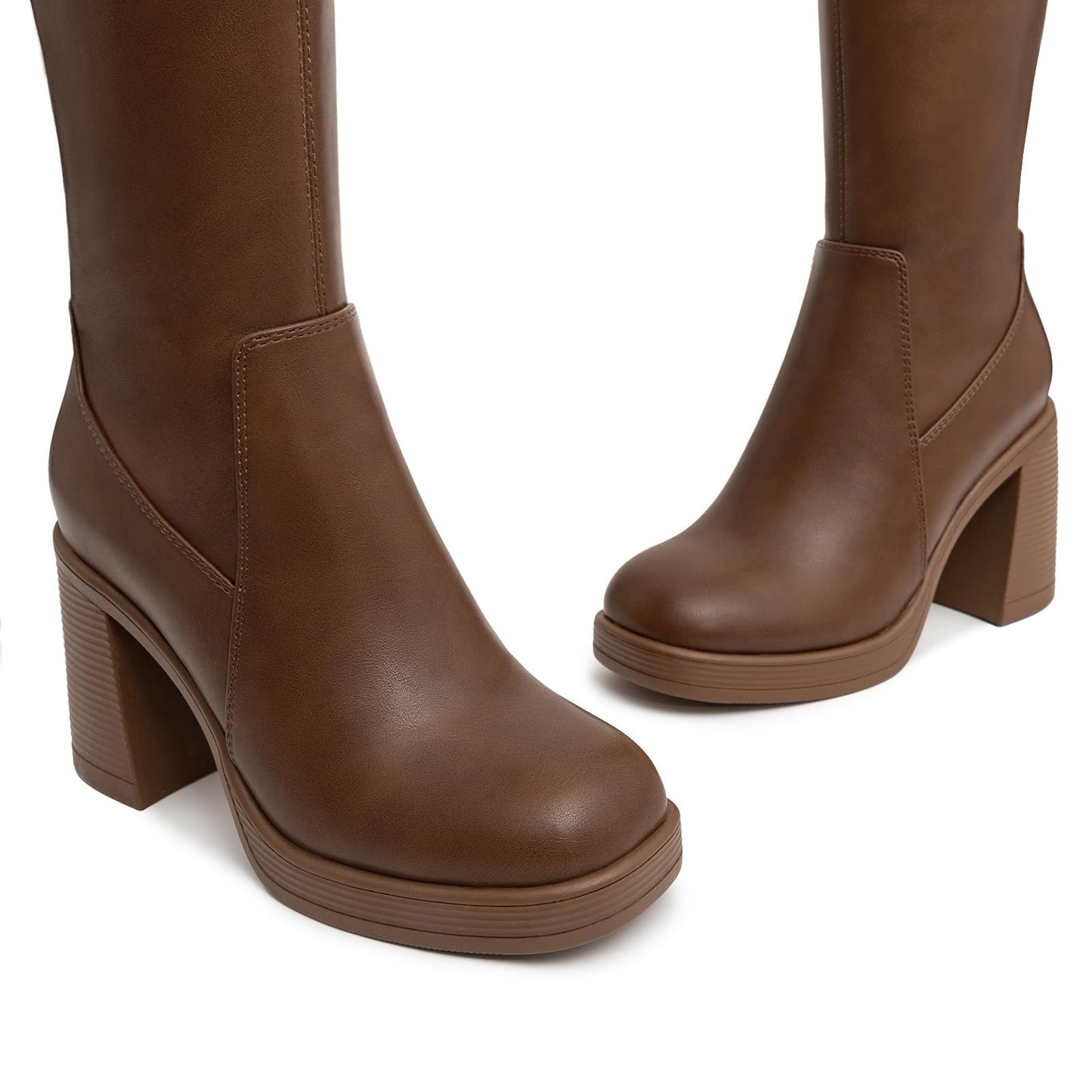 Athlefit Knee High Boots Women Chunky Platform High Heel Tall Boots Square Toe Fashion Dress Stretch Long Heeled Booties Tan Size 7.5