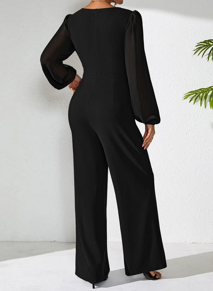 Pink Queen Jumpsuits for Women Dressy Patchwork Chiffon Sleeve V Neck Wide Leg Romper Holiday Party Outfits