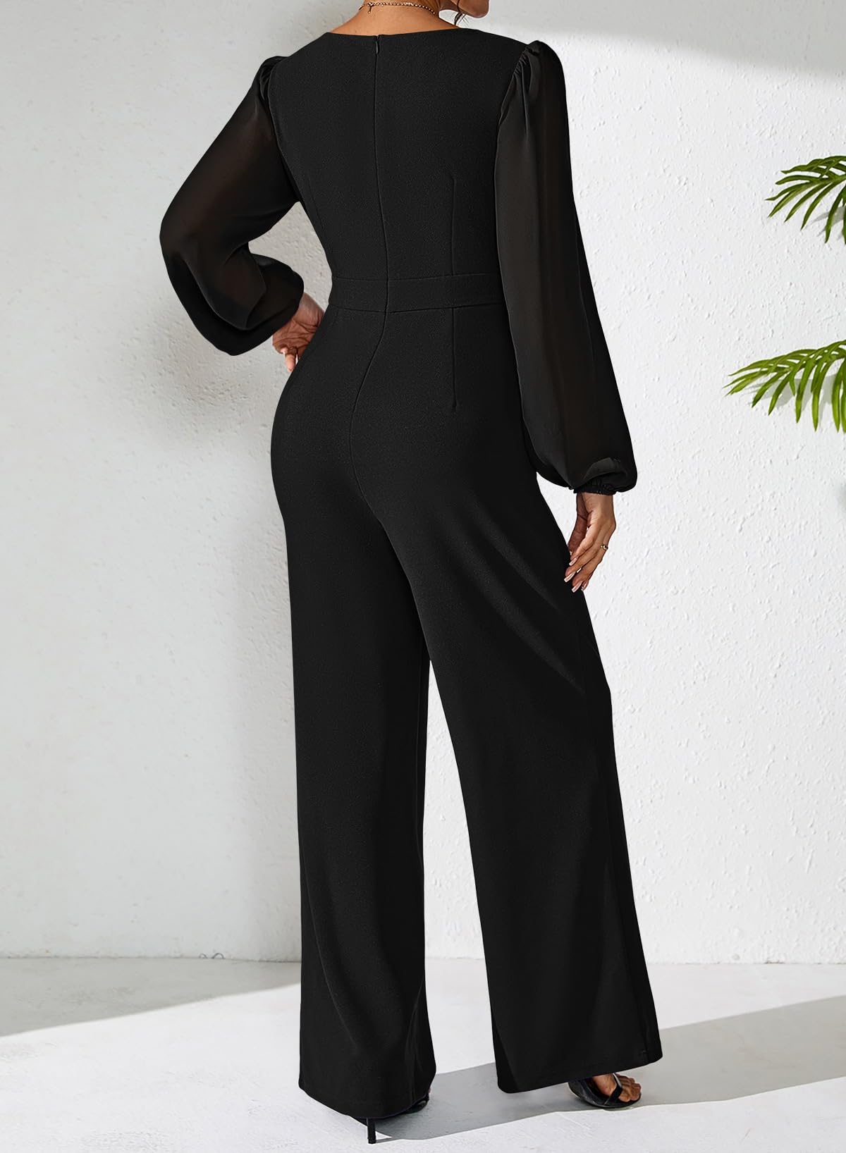 Pink Queen Jumpsuits for Women Dressy Patchwork Chiffon Sleeve V Neck Wide Leg Romper Holiday Party Outfits