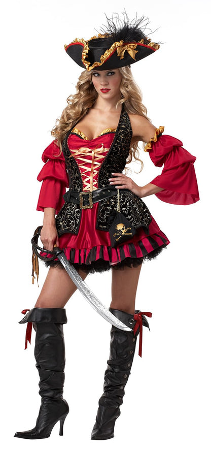 Women's Spanish Pirate Costume - Halter Dress with Corset and Accessories